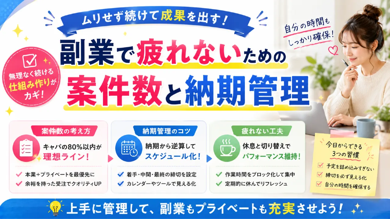 副業で疲れないための案件数と納期管理の内容を表すアイキャッチ画像