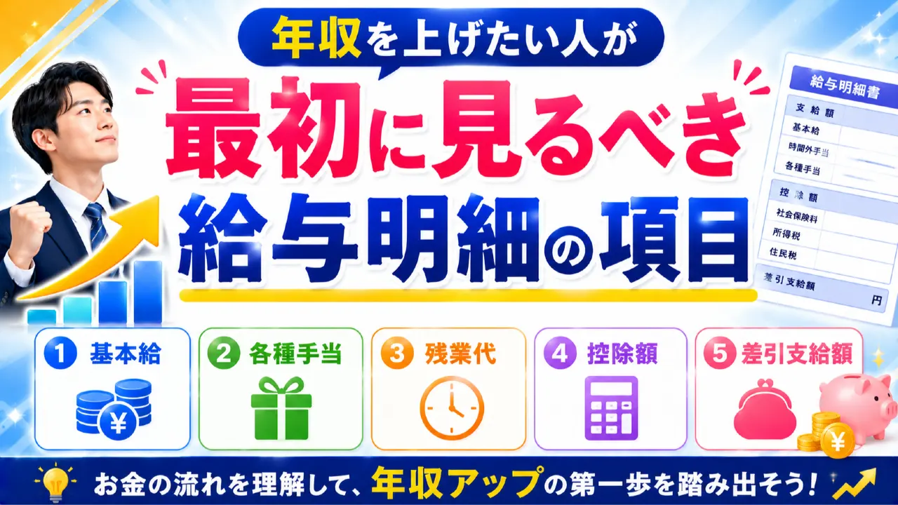 年収を上げたい人が最初に見るべき給与明細の項目の内容を表すアイキャッチ画像