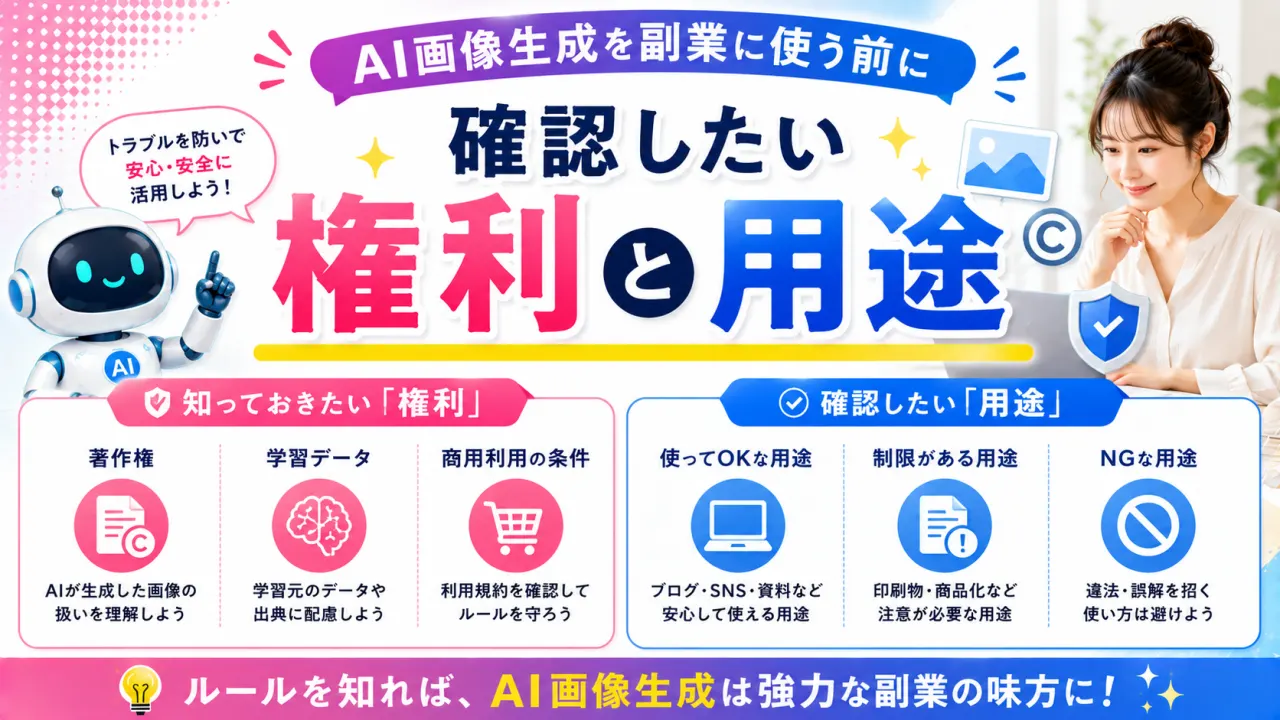 AI画像生成を副業に使う前に確認したい権利と用途の内容を表すアイキャッチ画像