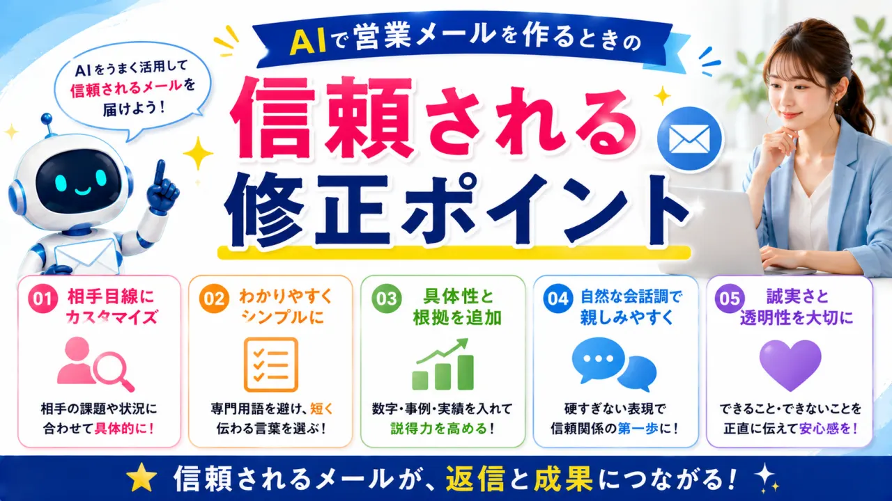 AIで営業メールを作るときの信頼される修正ポイントの内容を表すアイキャッチ画像
