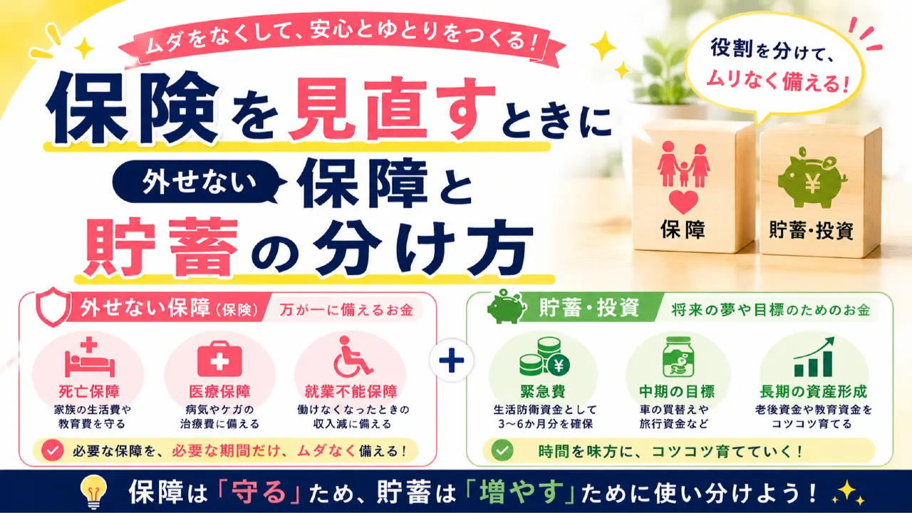保険証券と家計メモを置いた保険見直しの記事アイキャッチ画像