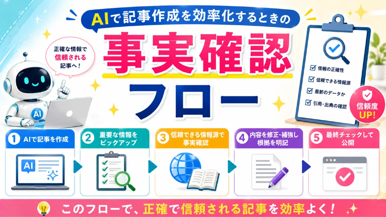 AIで記事作成を効率化するときの事実確認フローの内容を表すアイキャッチ画像