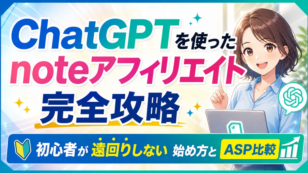 ChatGPTを使ったnoteアフィリエイト完全攻略　初心者が遠回りしない始め方とASP比較の内容を表すアイキャッチ画像