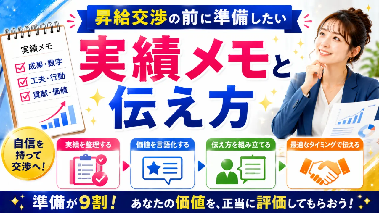 昇給交渉の前に準備したい実績メモと伝え方の内容を表すアイキャッチ画像