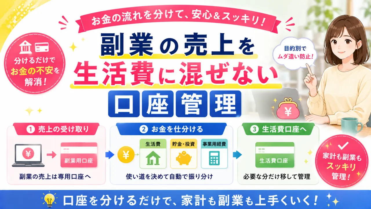 副業の売上を生活費に混ぜない口座管理の内容を表すアイキャッチ画像