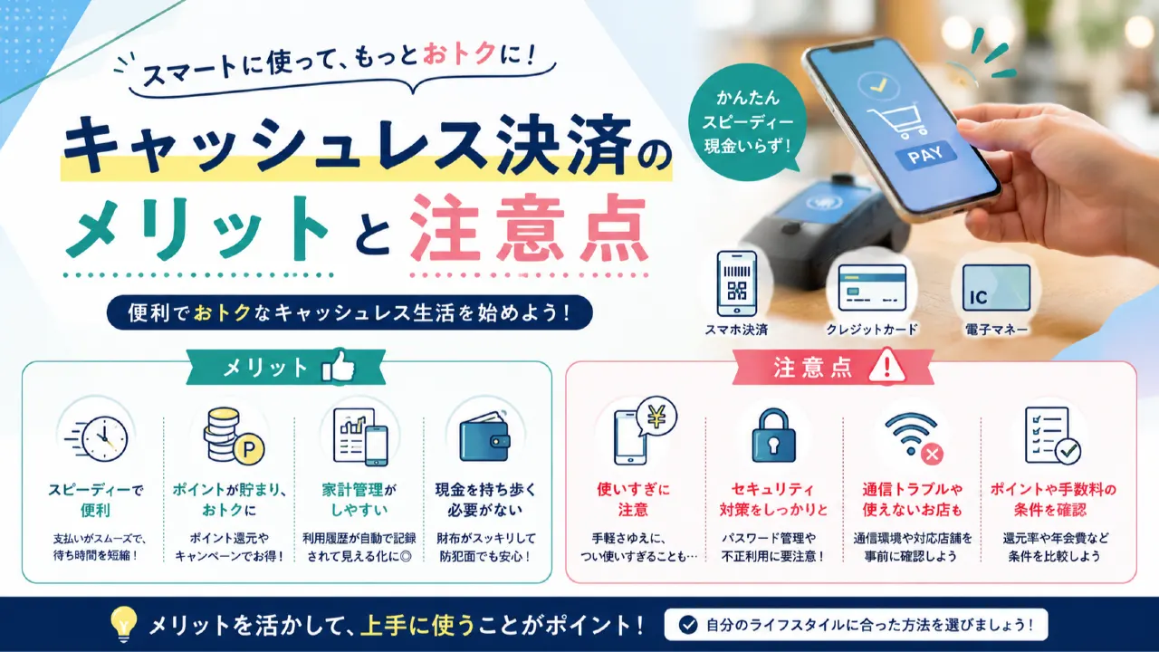 キャッシュレス決済のメリットと注意点の内容を表すアイキャッチ画像