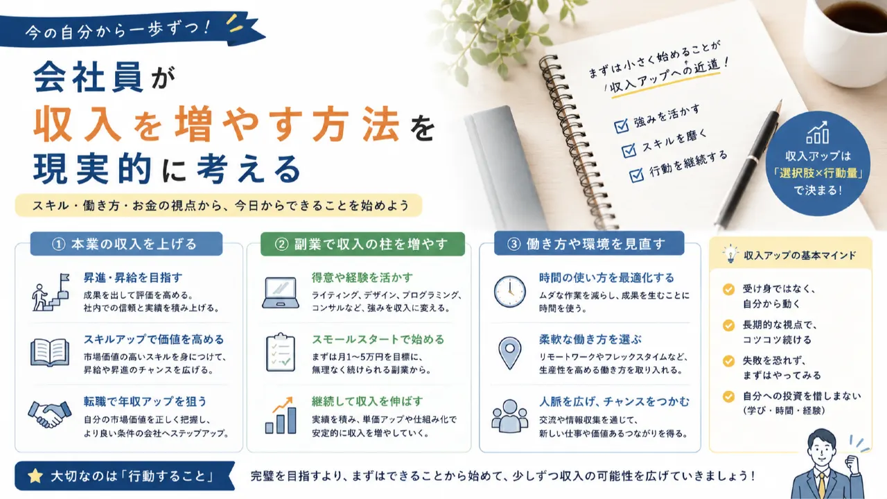 会社員が収入を増やす方法を現実的に考えるの内容を表すアイキャッチ画像