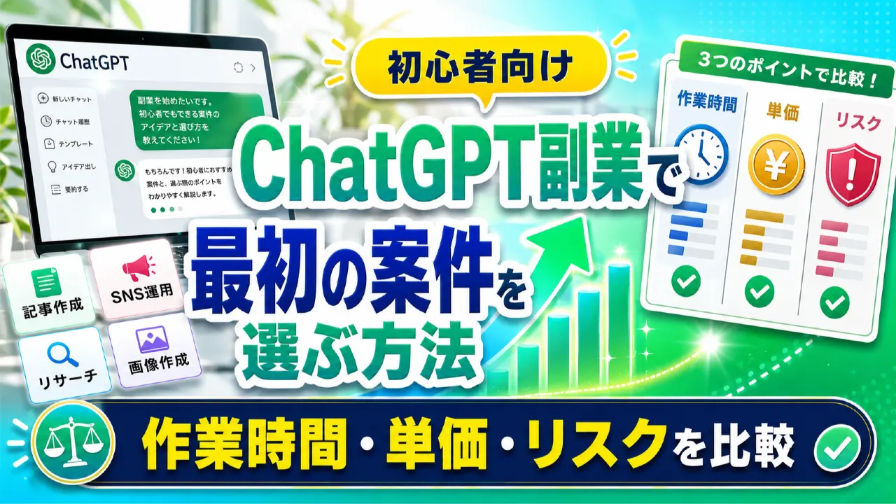 ChatGPT副業で最初の案件を選ぶ方法｜作業時間・単価・リスクを比較の内容を表すアイキャッチ画像