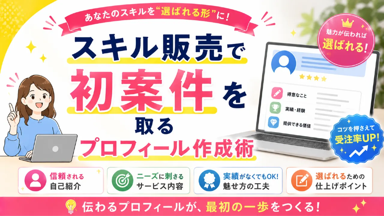 スキル販売で初案件を取るプロフィール作成術の内容を表すアイキャッチ画像