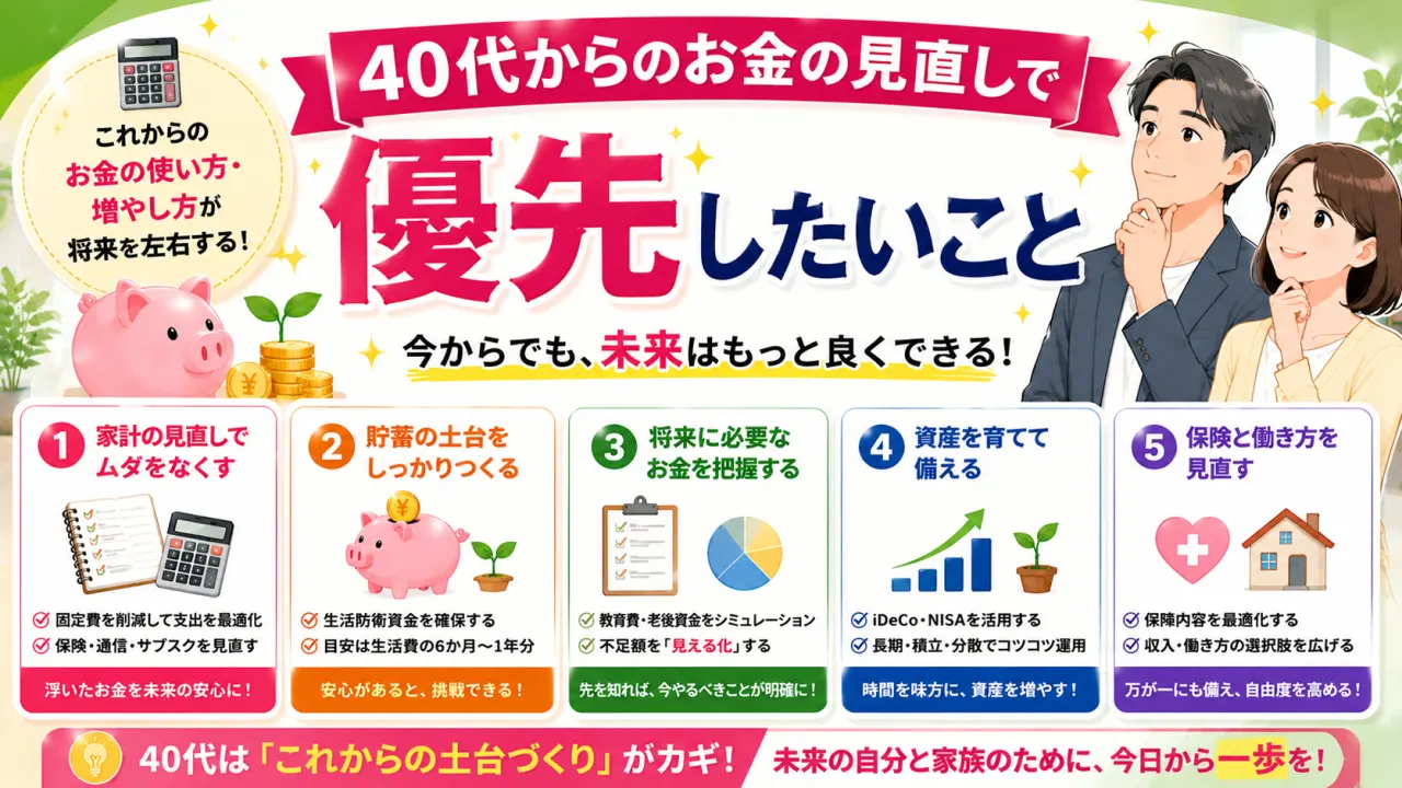 40代からのお金の見直しで優先したいことの内容を表すアイキャッチ画像