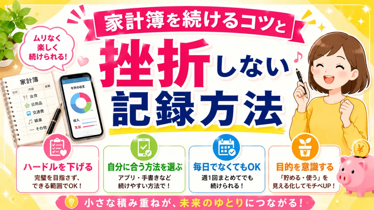 家計簿を続けるコツと挫折しない記録方法の内容を表すアイキャッチ画像
