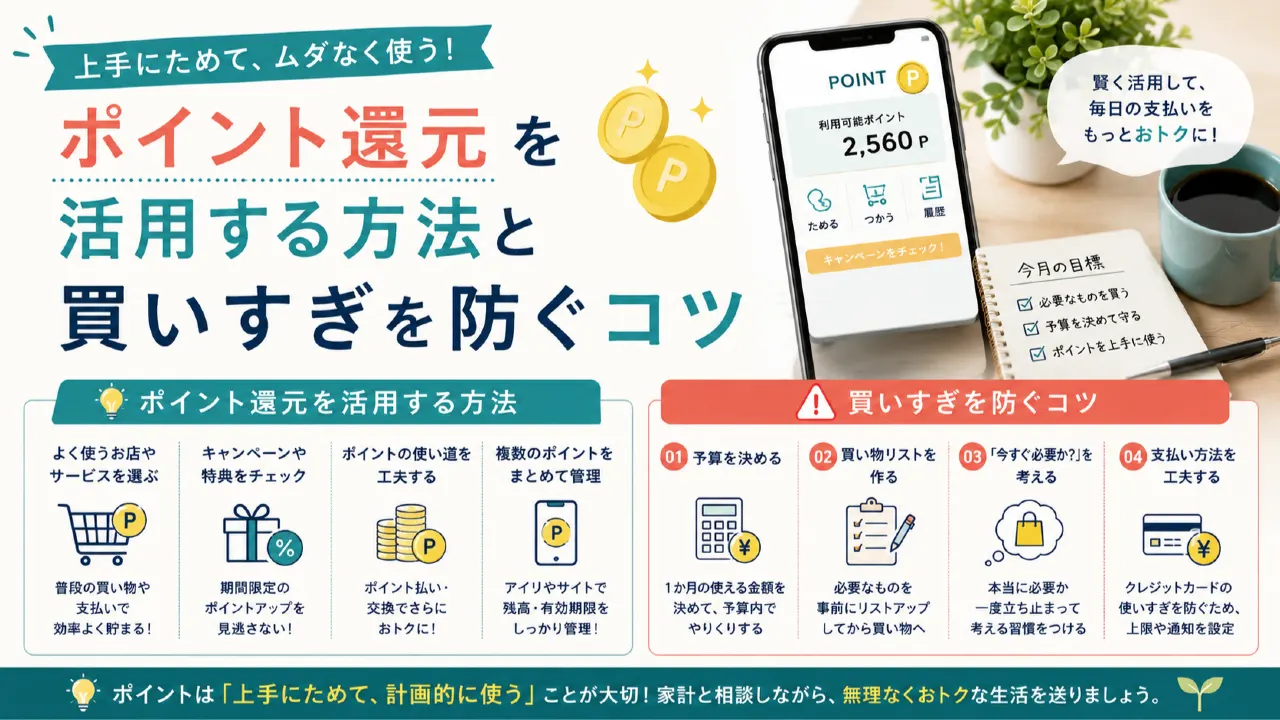ポイント還元を活用する方法と買いすぎを防ぐコツの内容を表すアイキャッチ画像