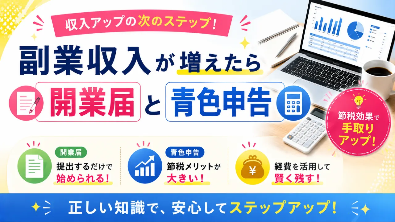 副業収入が増えたら考える開業届と青色申告の内容を表すアイキャッチ画像