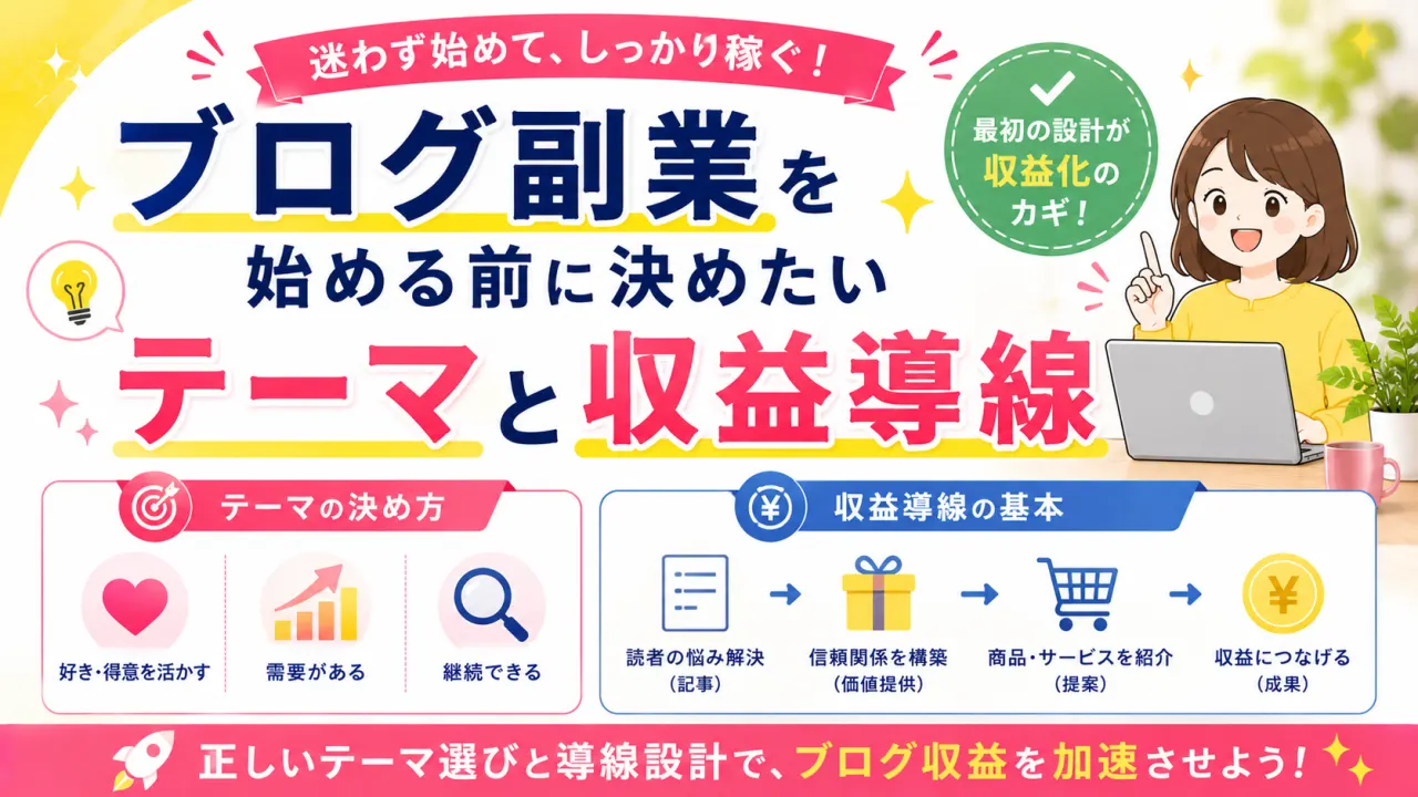 ブログ副業を始める前に決めたいテーマと収益導線の内容を表すアイキャッチ画像