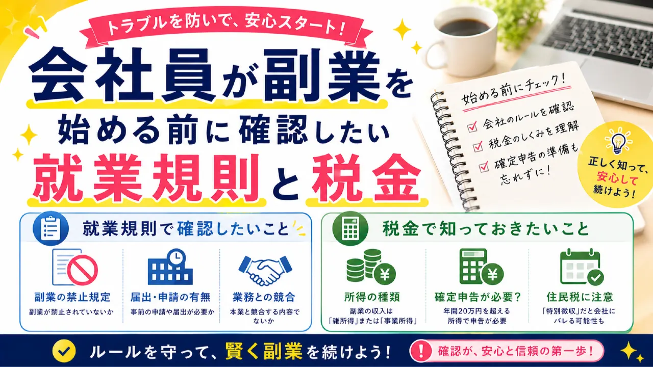 会社員が副業を始める前に確認したい就業規則と税金の内容を表すアイキャッチ画像