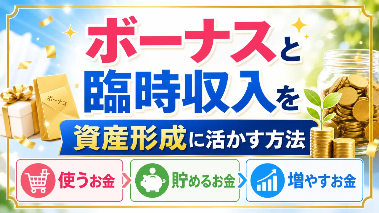 ボーナスと臨時収入を資産形成に活かす方法｜使うお金・貯めるお金・増やすお金の分け方の内容を表すアイキャッチ画像