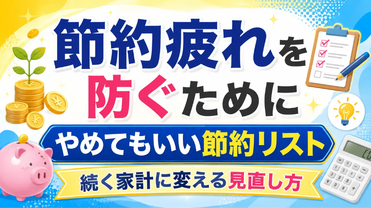 節約疲れを防ぐために、やめてもいい節約リスト｜続く家計に変える見直し方の内容を表すアイキャッチ画像