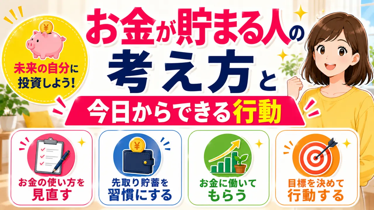 お金が貯まる人の考え方と今日からできる行動の内容を表すアイキャッチ画像