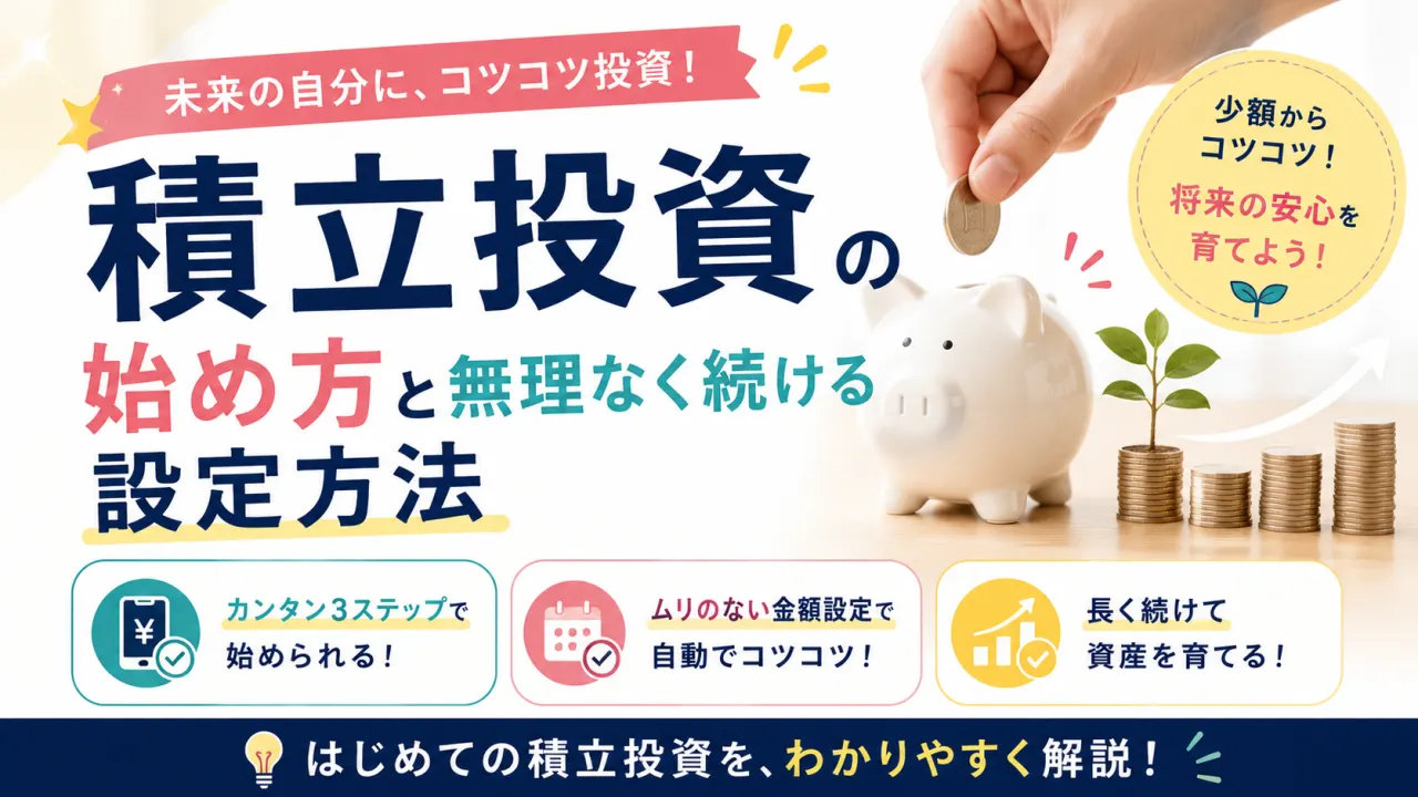 積立投資の始め方と無理なく続ける設定方法の内容を表すアイキャッチ画像