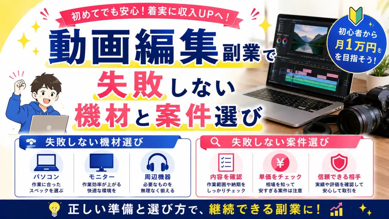 動画編集副業で失敗しない機材と案件選びの内容を表すアイキャッチ画像