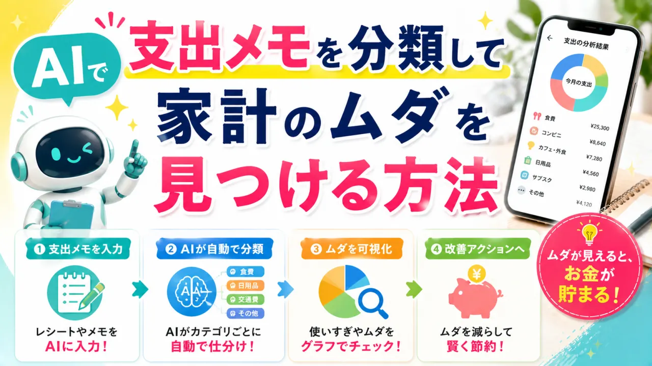 AIで支出メモを分類して家計のムダを見つける方法の内容を表すアイキャッチ画像
