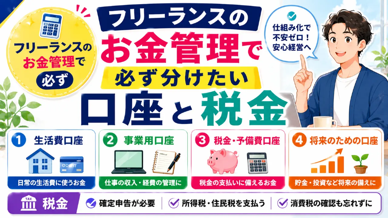 フリーランスのお金管理で必ず分けたい口座と税金の内容を表すアイキャッチ画像