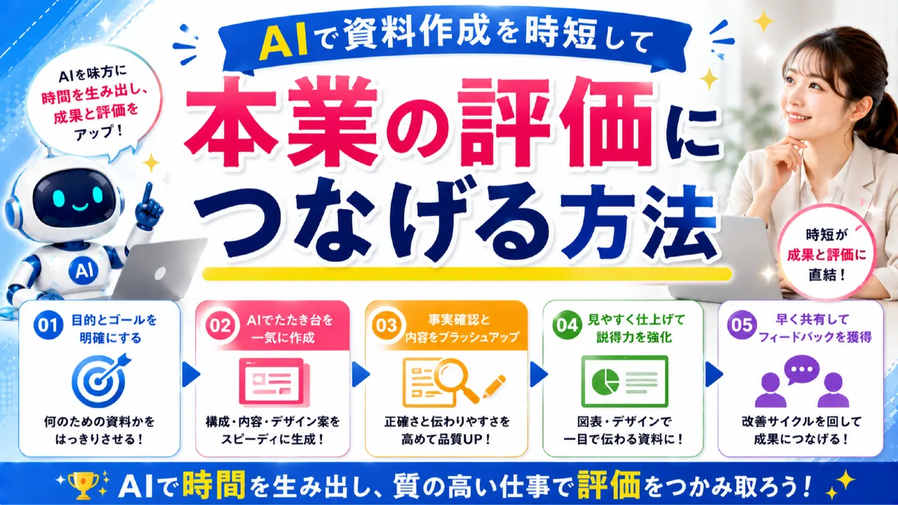 AIで資料作成を時短して本業の評価につなげる方法の内容を表すアイキャッチ画像