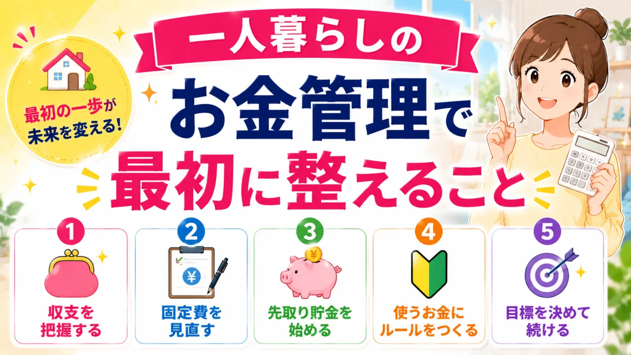 一人暮らしのお金管理で最初に整えることの内容を表すアイキャッチ画像
