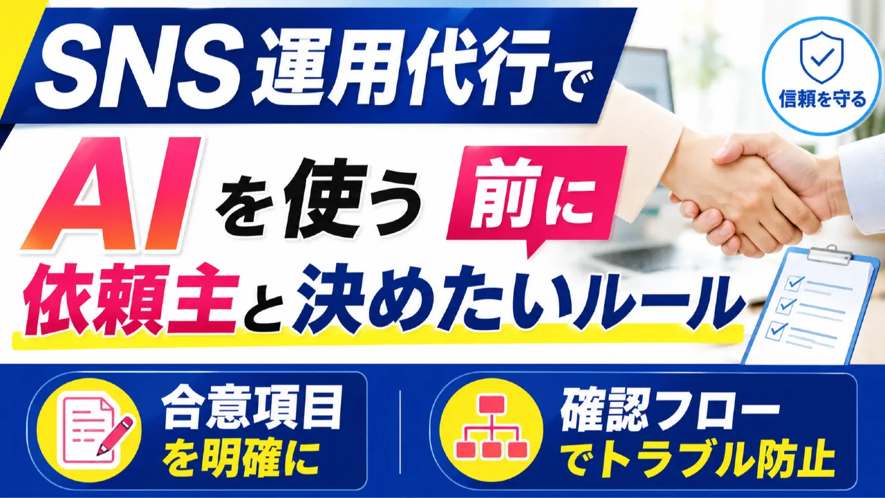 SNS運用代行でAIを使う前に依頼主と決めたいルール　信頼を守る合意項目と確認フローの内容を表すアイキャッチ画像