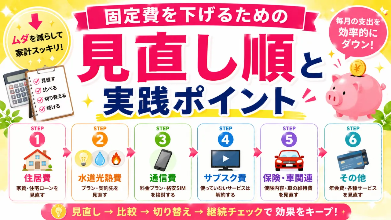固定費を下げるための見直し順と実践ポイントの内容を表すアイキャッチ画像