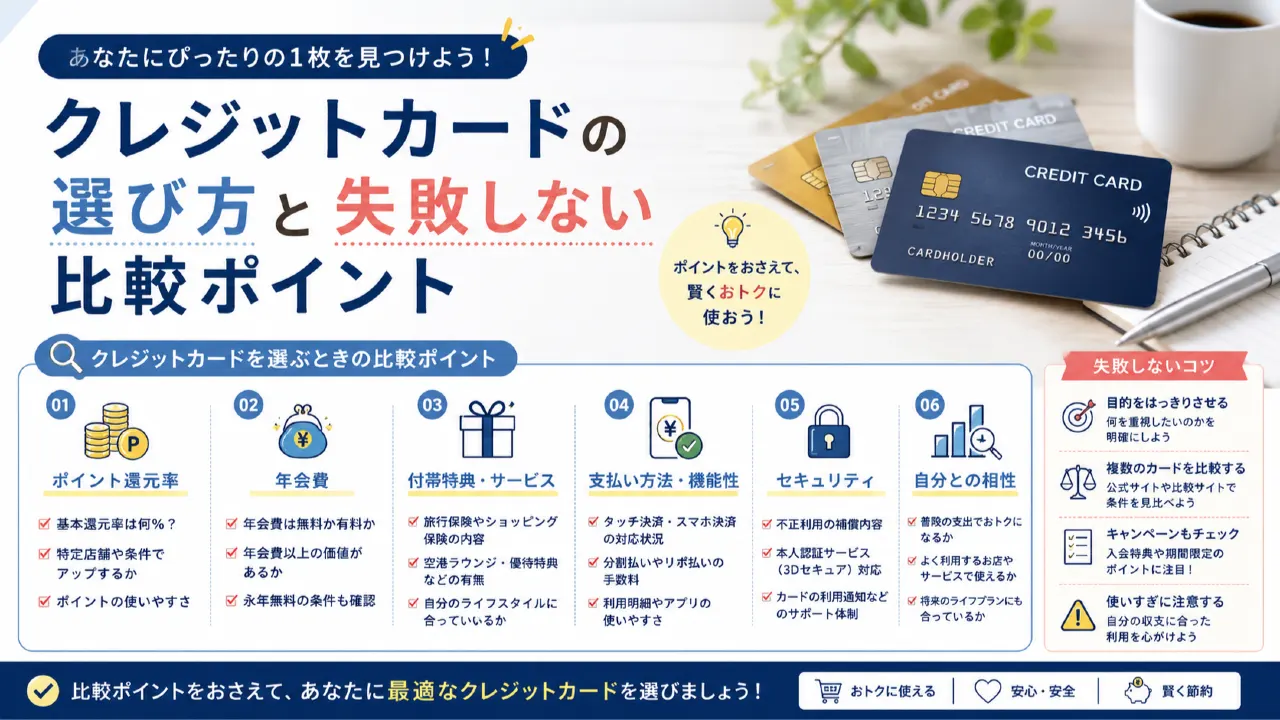 クレジットカードの選び方と失敗しない比較ポイントの内容を表すアイキャッチ画像